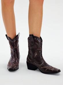 Styleloop 女式方头粗跟白色刺绣图案时尚一脚蹬踝靴，适合万圣节、圣诞节、派对 - 巧克力棕 - 查看 3