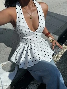 Siren Gaze 时尚性感圆点印花露背吊带上衣 - 白色 - 查看 5