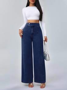 SHEIN PETITE CURVE Cỡ lớn Thu Đông Trở lại trường Trở về trường Halloween Giáng sinh Dễ thương Thời trang dạo phố Công sở Thường ngày Phụ nữ Đồng quê Cổ điển Khiêm tốn Tiền cũ Phụ nữ Thời trang công sở Trang phục giáo viên cho phụ nữ Trang phục đi nhà thờ Phụ nữ Màu trơn Cài nút Thường ngày Đa năng Quần jean ống rộng màu xanh - Màu xanh lam - Xem 5