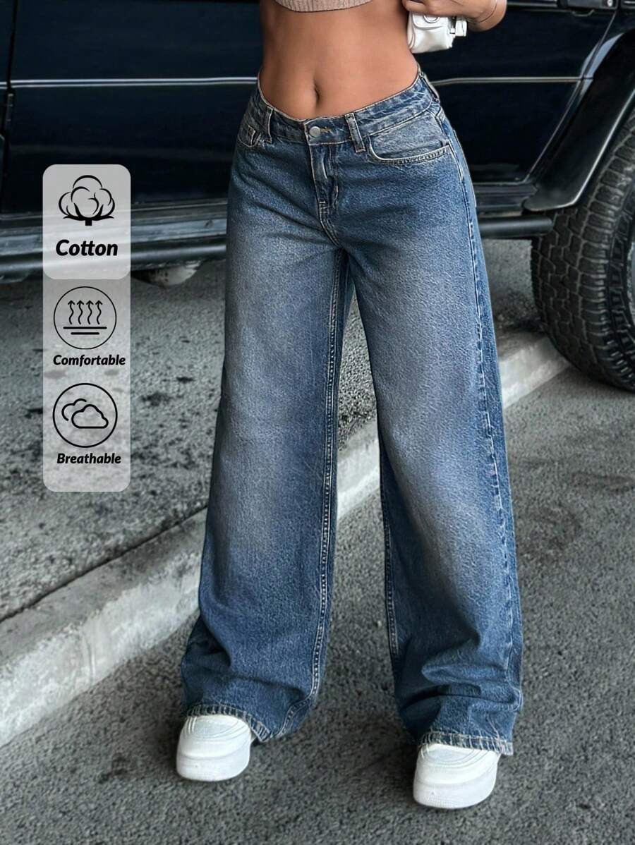 EURMUSE Quần jeans ống rộng cạp trễ cổ điển 100% cotton - Rửa trung bình - Xem 1