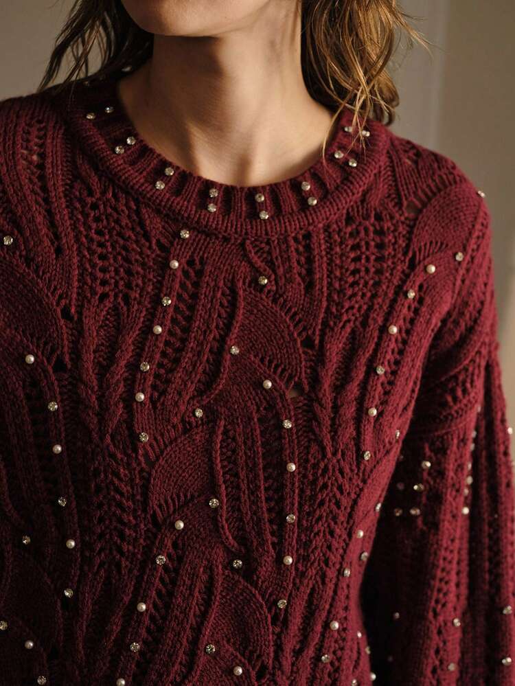 RHINESTONE DETAIL DROP SHOULDER OVERSIZE SWEATER