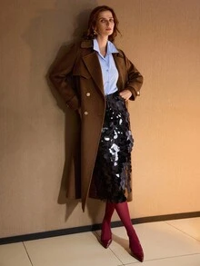 PREMIUM 纯色羊毛翻领双排扣系腰带大衣 - 棕色 - 查看 4