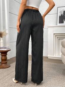EMERY ROSE 女士打结腰部褶皱条纹阔腿宽松休闲裤 - 黑色 - 查看 2