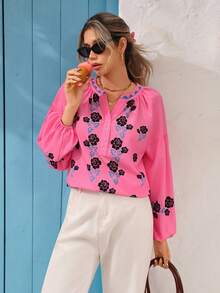 Vivid Eden Top casual à manches lanternes avec imprimé floral et encolure avec trou de serrure, automne - Rose bonbon - Voir 5