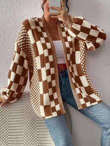 EMERY ROSE Damen Lässige Mode Schachbrettmuster Locker Strickjacke, Herbst/Winter - Khaki - Übersicht 5