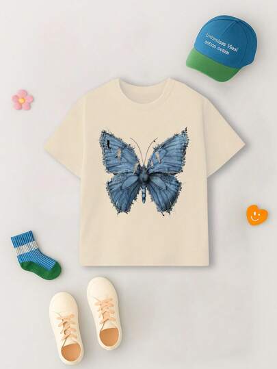 GraphicGems 休闲舒适的仿牛仔蝴蝶图案圆领短袖T恤，适合女孩夏季穿着