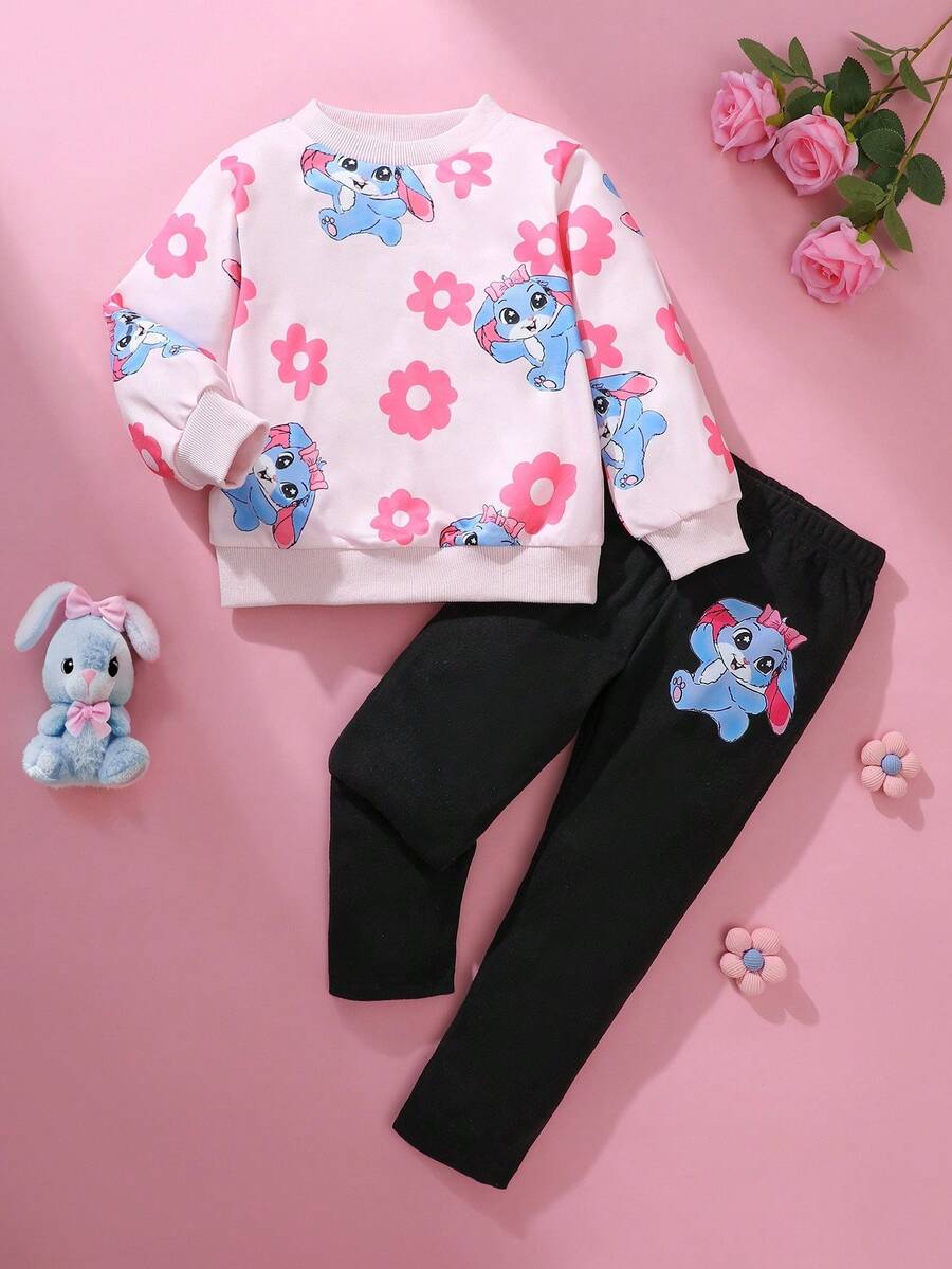 Perso Play 2pcs Girls Autumn/Winter Set, Naughty Rabbit Print Sweatshirt + Pants Fall
