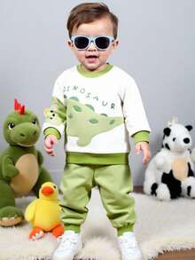 SHEIN 两件套男婴恐龙印花休闲上衣+裤子套装，秋冬 - 綠色 - 查看 3