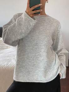 DAZY 女式纯色船领落肩休闲针织套头衫秋冬 - 灰色 - 查看 3
