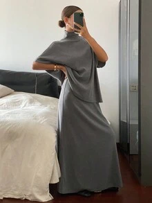 Livesso 2 件套女士宽松休闲宽松 T 恤和裙子套装，秋冬秋季 - 灰色 - 查看 3