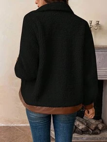 SHEIN LUNE 女士休闲PU拼接人造毛皮口袋外套，秋冬女式外套，黑色羊羔绒外套，泰迪熊外套，秋季女装，棕色外套，女士外套，休闲黑色外套，女士冬季服装，休闲 - 黑色 - 查看 2