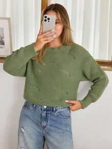 EURMUSE Pulover tricotat în culori solide, cu detalii goale, de zi cu zi, stil francez - Verde - Vizualizare 4