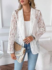 EMERY ROSE Ladies' Lace Loose Jacket With Shawl Collar And Half Curve Hem For Holiday Party Clothes - White - View 3
