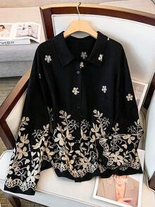 SHEIN Clasi 大码女式花卉刺绣衬衫，法式浪漫优雅高端休闲装 - 黑色 - 查看 1