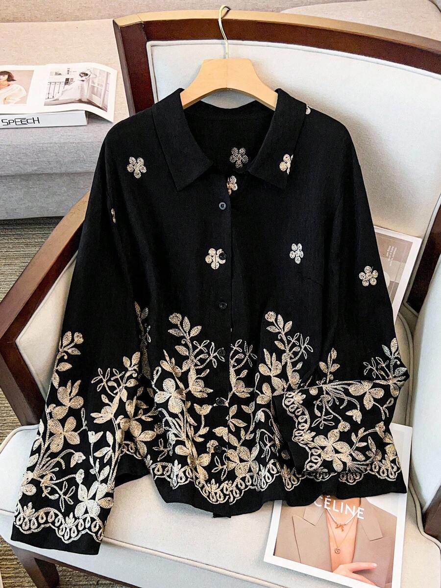 SHEIN Clasi 大码女式花卉刺绣衬衫，法式浪漫优雅高端休闲装 - 黑色 - 查看 1