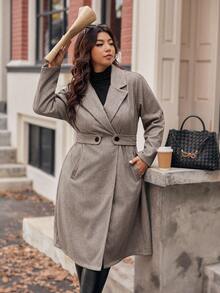 Vionelle Damen Große Größen Klassisch Lässig Minimalistisch Kragen Taillengürtel Knopftasche Mantel in Knielänge, Herbst/Winter Herbst Fall