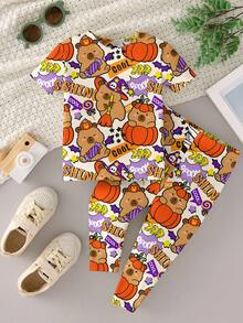 SHEIN 万圣节男婴南瓜熊印花长袖连体衣，适合幼儿的可爱秋季睡衣，柔软拉链连体衣，不给糖就捣蛋服装 - 彩色 - 查看 5