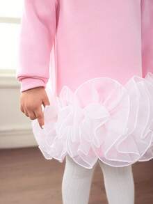 Babyflicka Söt Avslappnad Stickad Patchwork Organza Långärmad Klänning - Rosa - Visa 7