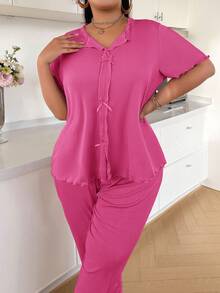 SHEIN Solid Color Bow Decor Knitted Ribbed Long Sleeve & Pants Plus Size Pajama Set Hot Pink Pajama Set Ruffle Pajama Set