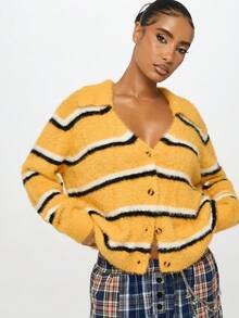 SUMWON WOMEN Áo len cardigan kẻ sọc cài nút phía trước cổ chữ V tay dài ấm áp mùa thu đông phong cách đại học cổ điển thời trang Y2K trường dự bị đại học - Màu vàng - Xem 5