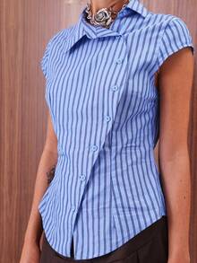 COUREZ Camisa asimétrica de manga corta con rayas ajustada, para salir, primavera, mujeres, club, mujeres sexy, salir, tops casuales - Azul - Ver 6