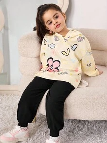 SHEIN 2 pièces/Set Tenue de sport décontractée, sweat-shirt à capuche oversize avec imprimé de fleur de cœur de bande dessinée et slogan en anglais, assorti avec un pantalon de jogging en tricot, convient pour l'automne/l'hiver, retour à l'école - Nude - Voir 4