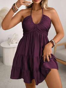 Ceyna 大码女式春夏单层竹结亚麻度假沙滩裙，褶皱褶边胸部分层飘逸连衣裙，可调节吊带蝴蝶结后背 - 紫紅色 - 查看 4