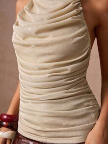 Lumalex 秋冬派对晚宴宴会低调奢华闪耀节日派对狂欢节郊游度假热门户外丰富层次婚礼季宴会成人礼脱衣高领露背水钻闪亮女式上衣奢华舞会身份证件宰牲节派对新年 - 卡其色 - 查看 7