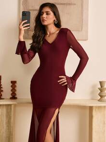Lyxana Vestido maxi elegante, sexy y de moda para fiesta y noche, con cuello redondo elástico de punto, espalda descubierta, escote pronunciado con cordón, malla calada en los hombros, mangas largas, cintura ceñida y bajo de cola de pez - Burdeos - View 3