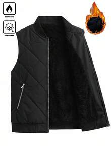 Manfinity Homme 男士秋冬保暖衬里背心、立领开衫加厚外套、宽松无袖夹克 - 黑色 - 查看 4
