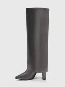 CUCCOO SZL Women's Pointed Toe Thick High Heel Boots, Silver PU Fabric Double Layer Design, Fashion Minimalist For Daily, Party, Banquet, Side Zipper - Silver - View 5