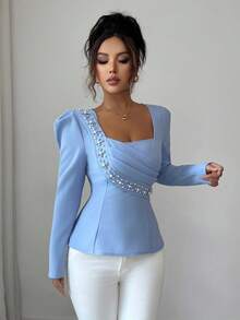 Elenzga 女士优雅浪漫珍珠装饰领腰修身长袖衬衫 - 霧霾藍 - 查看 6