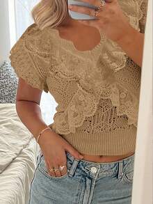 SHEIN Clasi 优雅白色蕾丝边镂空V领泡泡袖女式针织上衣 - 駝色 - 查看 1