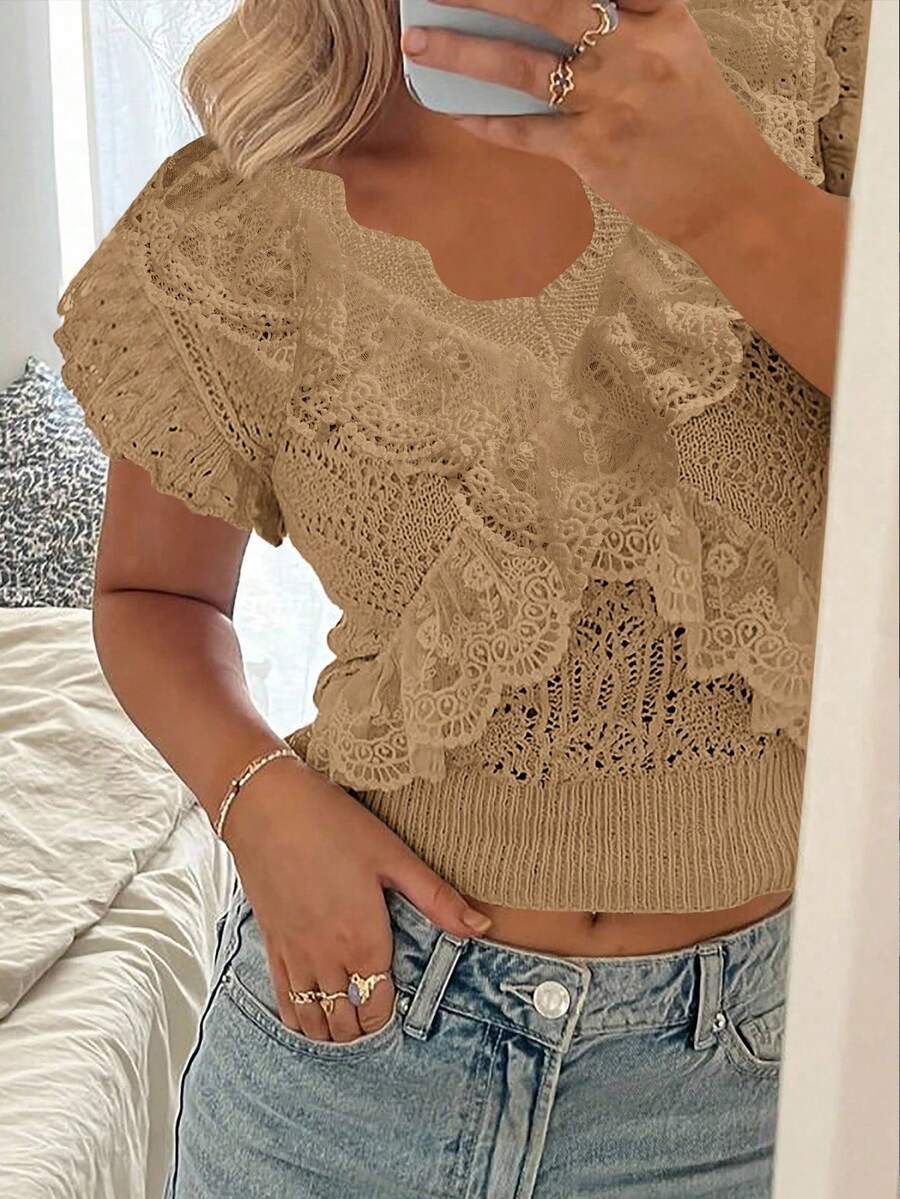 SHEIN Clasi 优雅白色蕾丝边镂空V领泡泡袖女式针织上衣 - 駝色 - 查看 1