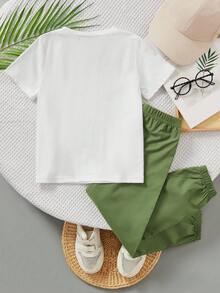 年輕男孩鷹印花上衣和字母印花慢跑褲套裝 - 軍綠色 - 查看 2