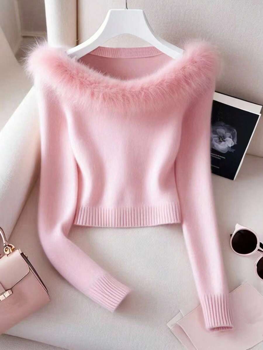 Franclia Women's Elegant Patchwork Fur Collar Sweater Fall Winter Cloth For Women - Pink - View 1