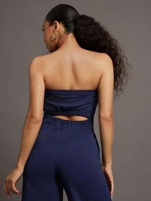 Vixey Women's Strapless Cinched Waist Pocket Open Back Wide Leg Jumpsuit, Suitable For Weddings, Business Casual Woman, Office Outfit - Blue - View 5