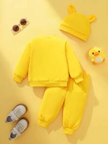 SHEIN Playful Pals 3pcs Baby Boy Autumn Yellow Sweatshirt Set, Cute Embroidered Pattern, Essential For Daily Outings Fall Winter