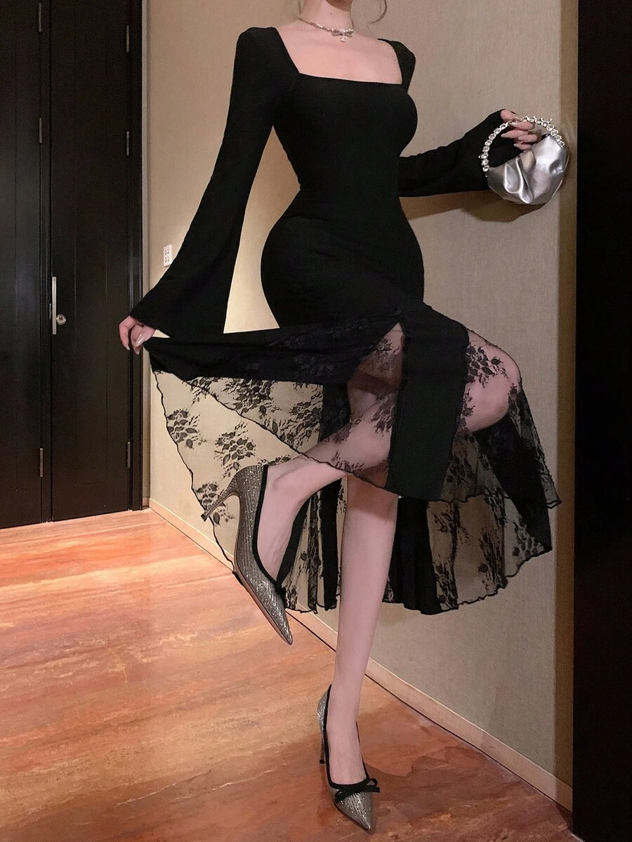 DAZY Vestido de encaje y parches elegante de longitud media para mujer, vestido de graduación de otoño - Negro - Ver 1