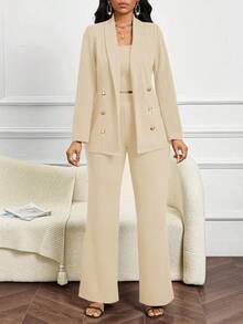 SHEIN Lady 四季婚礼宾客女士背心、西装和西装裤教堂服装酒红色女士西装套装 - 杏色 - 查看 6