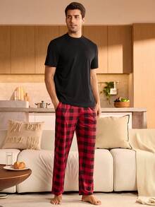 Manfinity Underwear&Sleepwear Basics Plus Size Plaid Print Elastic Waist Pocket Casual Lounge Pants For Men, Fall