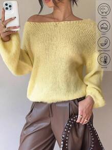 Serisse Suéter feminino casual de outono, cor creme e amarelo, em tricô felpudo com mistura de lã, ombros caídos, malha canelada, ideal para ocasiões casuais de negócios, professoras, dia a dia, deslocamentos, passeios. Nova peça essencial da moda outono 2025. Suéter feminino de inverno, suéter felpudo de inverno, suéter de inverno, suéter amarelo casual. - Amarelo - Ver 2