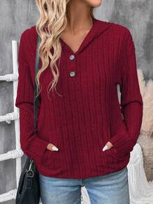 SHEIN LUNE Half-Open Access Hoodie Sweatshirt Fall Cloth For Women - Burgundy - View 4