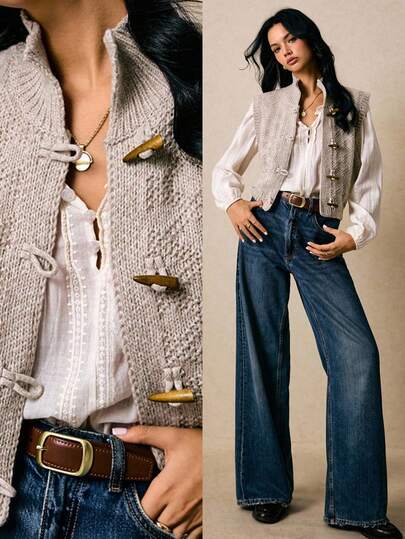 Poéselle 立领粗针织牛角扣背心 - 短款燕麦色毛衣、女式针织背心、毛衣背心、牛角扣开衫、短款、田园风层次、秋季层次、中性针织衫、秋季女装、女式休闲立领牛角扣针织背心