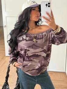Flirla Women's Casual Camouflage Print Oblique Shoulder Long Sleeve Street Style Sweatshirt Fall Cloth For Women - Multicolor - View 3