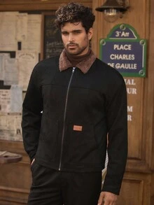 HIMLAND Áo khoác cổ lông cừu san hô vá da lộn thường ngày cho nam, phù hợp cho mùa thu/đông - màu đen - Xem 3