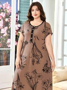 Lacomfia Plus Size Women Floral Print Button Design Casual Loose Short Sleeve Dress - Red - View 6