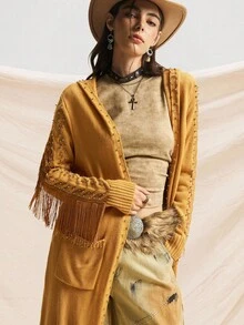 Easelle 女牛仔西部复古休闲串珠流苏细节连帽姜黄色长款毛衣，秋冬乡村音乐会 - 棕色 - 查看 8