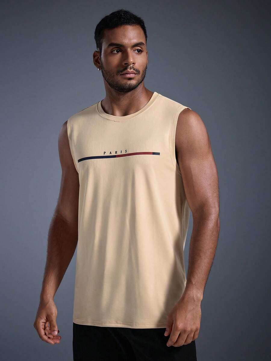 Áo tank top nam in chữ phong cách thường ngày DRIFTMERE, thích hợp cho mùa xuân hè, không đường may và thoải mái, lý tưởng cho phòng tập gym và thể dục, phong cách thể thao năng động, thời trang thể thao, phù hợp cho mùa xuân/hè. - Màu be - Xem 1