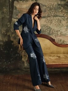 Anewsta Women's Elegant Navy Blue Floral Summer Dining Suit,Modern Beaded Embroidery Waist Cinched Blazer Jacket And Flared Pants,High-End Commuting Set - Navy Blue - View 6